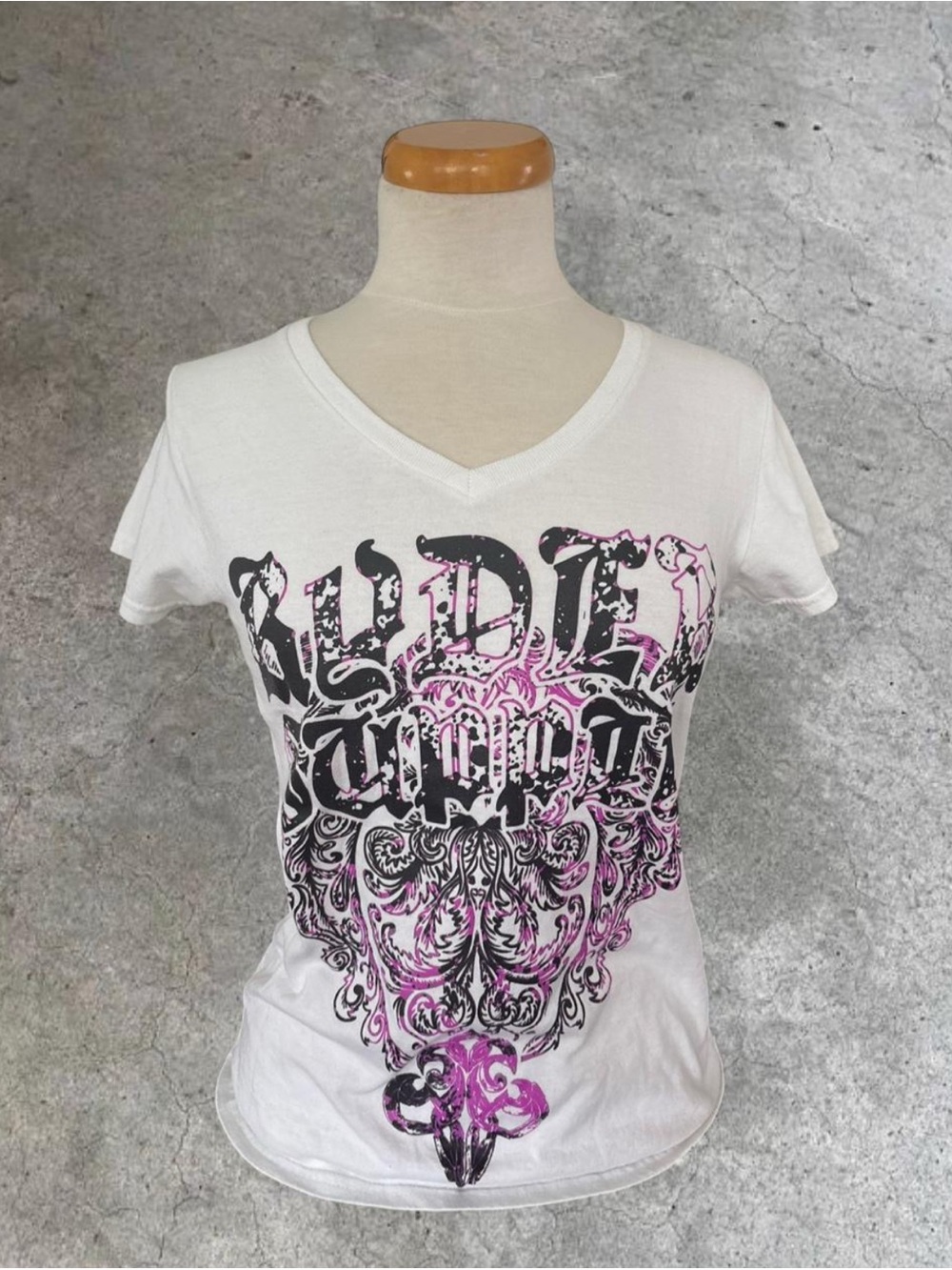 Women's White V-Neck Short Sleeve Tee with Pink and Black Graphic